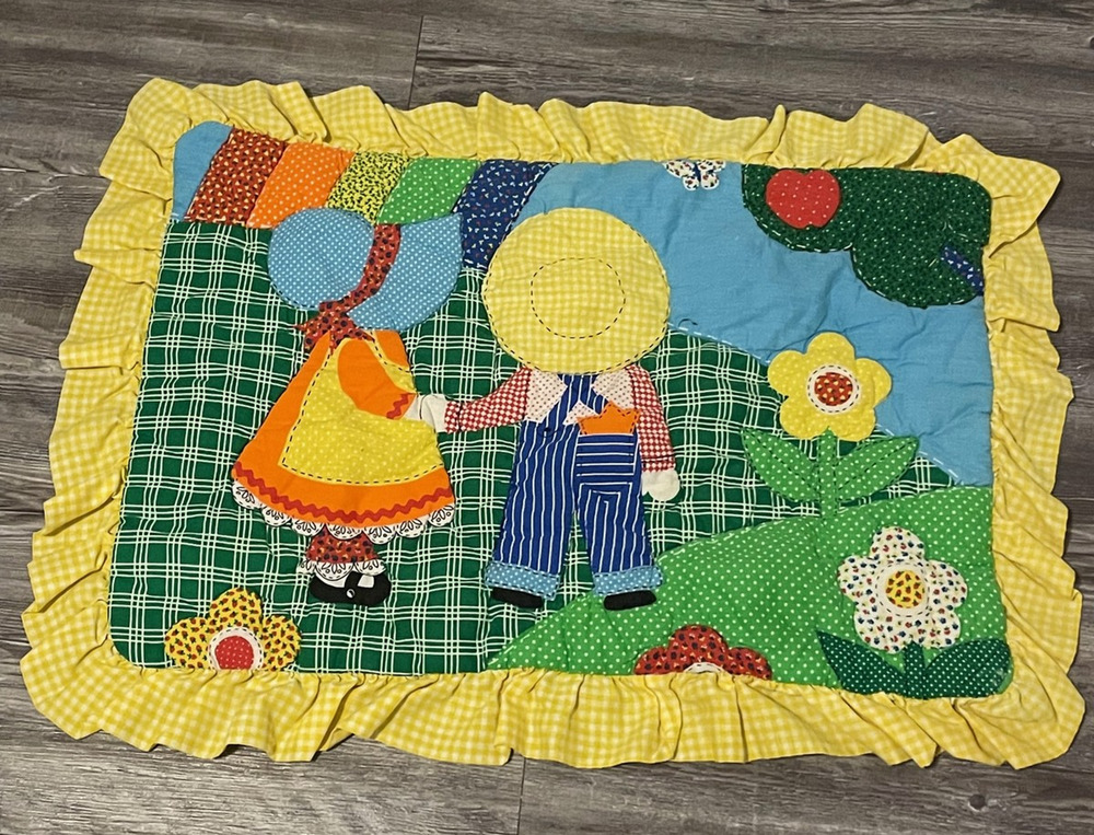 Vintage Handmade Quilt Applique Pillowcase Boy Girl Balloons Ruffle Cottage READ